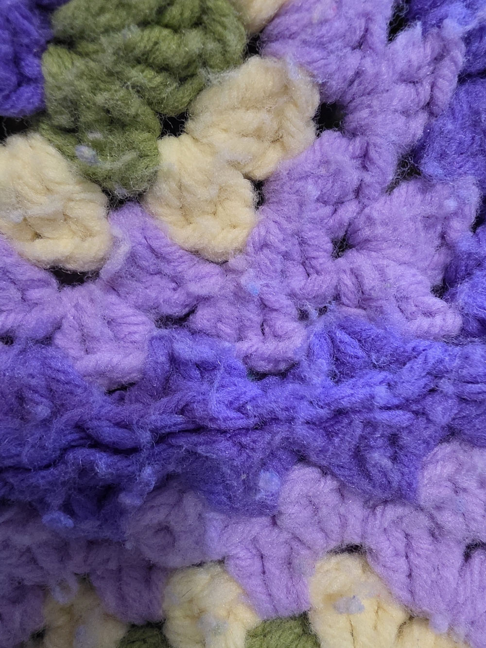 Handmade Purple Granny Square Crochet Blanket with Yellow & Green Accents 49x86 - Picture 6 of 6